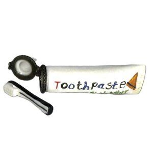 Vintage Mini Toothpaste Tube Porcelain Hinged Trinket Box w/ Toothbrush